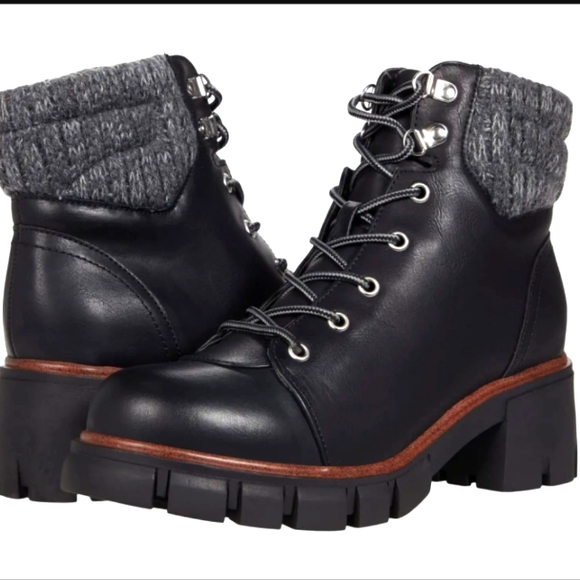 NWOT MIA 'Catalin' Vegan Leather Knit Cuff Lace Up Ankle Boots in Black Sz. 8 - Picture 1 of 15